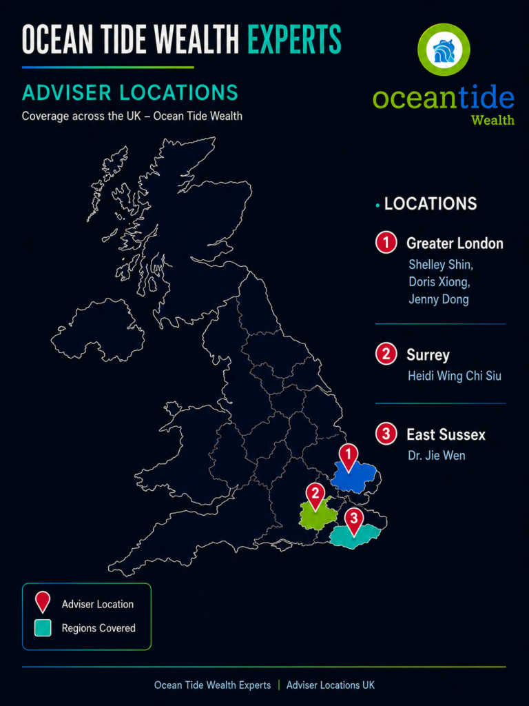 Ocean Tide Wealth Experts adviser locations infographic showing a UK map with highlighted regions for Greater London, Surrey and East Sussex, numbered adviser pins, the Ocean Tide Wealth logo, and a locations list naming Shelley Shin, Doris Xiong, Jenny Dong, Heidi Wing Chi Siu and Dr. Jie Wen.