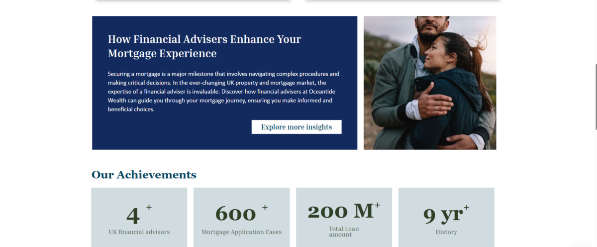 Ocean Tide Wealth Experts website section explaining how financial advisers enhance the mortgage experience, with a couple embracing beside a navy information panel, followed by achievement statistics showing 4 UK financial advisers, 600 mortgage application cases, £200M total loan amount and 9 years of history.