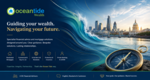 Ocean Tide Wealth Experts hero banner with the Ocean Tide Wealth logo, ocean wave design, London skyline, compass, gold accents, and text promoting specialist financial advice, mortgage solutions, protection, private banking and multilingual support.