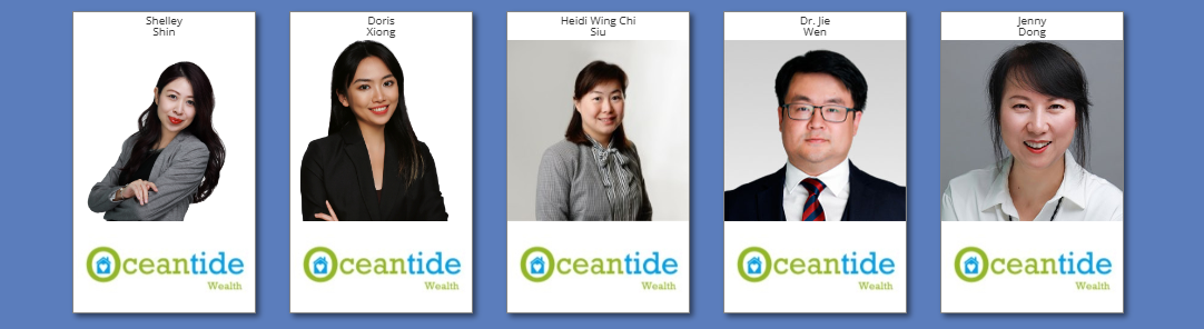 Ocean Tide Wealth adviser profile cards showing Shelley Shin, Doris Xiong, Heidi Wing Chi Siu, Dr. Jie Wen and Jenny Dong, each with a headshot and the Ocean Tide Wealth logo.