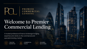 Premium Premier Commercial Lending Experts hero banner featuring a dark city skyline, gold and white PCL branding, and messaging focused on trusted expertise, commercial finance, and tailored lending solutions.