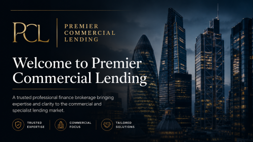 Premium Premier Commercial Lending Experts hero banner featuring a dark city skyline, gold and white PCL branding, and messaging focused on trusted expertise, commercial finance, and tailored lending solutions.