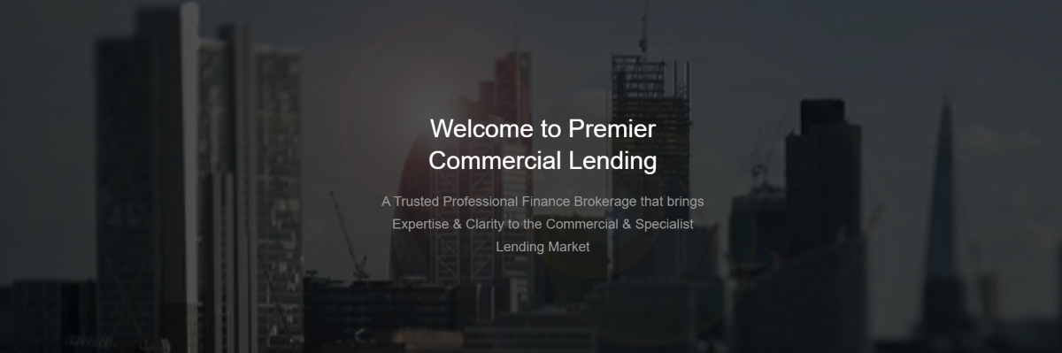 Premier Commercial Lending Experts Premier Commercial Lending Experts hero banner showing a dark city skyline with finance brokerage messaging focused on expertise and clarity in commercial and specialist lending.