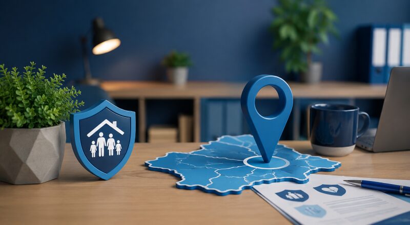 Protection Adviser in Milton Keynes represented by a location pin and protection shield in a professional dark blue and light blue office setting.