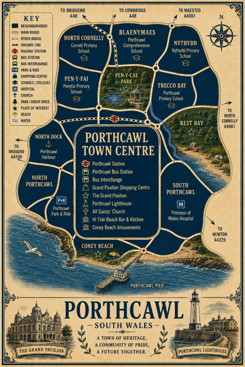 Vintage illustrated map poster of Porthcawl, South Wales, with a cream parchment background and dark navy neighbourhood areas centred on Porthcawl Town Centre. The map shows labelled roads, railway line, Porthcawl Station, bus station, bus interchange, park and ride, shopping centre, schools, hospital, churches, parks, beaches and coastal waters. Surrounding areas include North Cornelly, Pen-y-Fai, Blaenymaes, Trecco Bay, Rest Bay, South Porthcawl, Coney Beach, North Porthcawl and North Dock. Key landmarks include The Grand Pavilion, Porthcawl Lighthouse, Porthcawl Harbour, Porthcawl Pier, All Saints’ Church, Hi Tide Beach Bar and Kitchen, Coney Beach Amusements, Pen-y-Cae Park and Rest Bay. A decorative lower panel reads “PORTHCAWL, SOUTH WALES” with engraved-style illustrations of The Grand Pavilion and Porthcawl Lighthouse, plus the subtitle “A town of heritage, a community of pride, a future together.” Protection Broker in Porthcawl