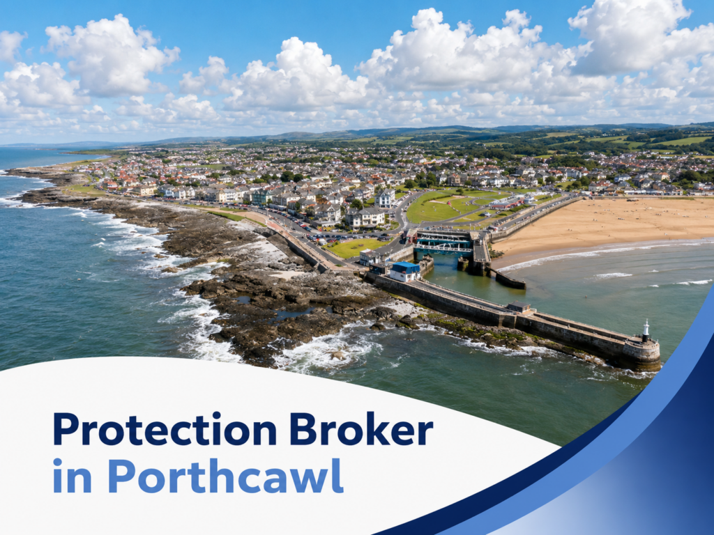 Promotional graphic showing a bright summer aerial view of Porthcawl’s coastline, with a sandy beach, harbour walls, rocky shoreline, and the seaside town stretching inland under large realistic white clouds. A curved white banner overlays the bottom left with the headline “Protection Broker in Porthcawl” in two blue brand tones, while a sweeping dark-to-light blue curved accent frames the lower right corner. Protection Broker in Porthcawl