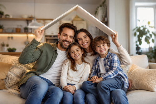 A smiling family of four sitting together at home, holding a roof-shaped frame above their heads to symbolise home protection, family security and mortgage protection advice. Protection Mortgage Brokers