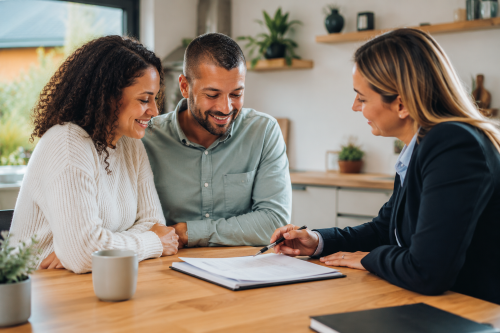 A couple smiling while meeting with a protection adviser at a kitchen table, reviewing paperwork for mortgage protection, life insurance, income protection and financial security advice. Protection Mortgage Brokers