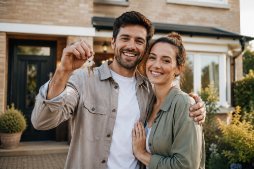 A smiling couple standing outside their new home and holding house keys, representing first-time buyers, home ownership, mortgage protection and financial security planning. Protection Mortgage Brokers