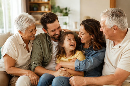 A happy multi-generational family sitting together at home, smiling and laughing, representing family protection, life insurance, financial security and peace of mind for loved ones. Protection Mortgage Brokers