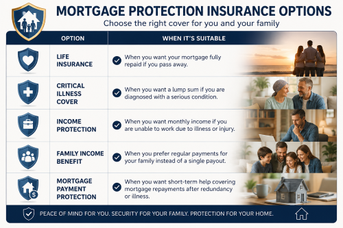 An infographic titled “Mortgage Protection Insurance Options”, comparing life insurance, critical illness cover, income protection, family income benefit and mortgage payment protection, with icons, suitability guidance and images representing family security, illness support, income protection and home protection. Protection Mortgage Brokers