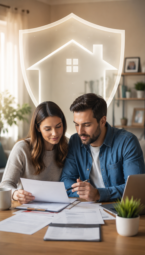 A couple reviewing mortgage protection insurance paperwork at home, with a glowing shield and house outline above them to represent protecting their home, income and financial security. Protection Mortgage Brokers