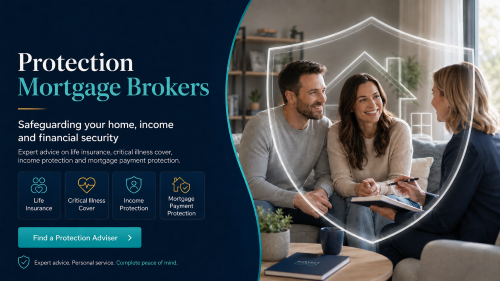 A protection mortgage broker hero image titled “Protection Mortgage Brokers”, showing a couple speaking with an adviser at home, with a shield and house outline overlaid to represent financial protection, plus icons for life insurance, critical illness cover, income protection and mortgage payment protection. Protection Mortgage Brokers