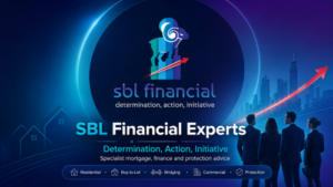 SBL Financial Experts hero banner featuring the SBL Financial ram logo, blue and purple gradient branding, a red upward arrow symbolising growth, and adviser silhouettes beside text reading “Determination, Action, Initiative” and “Specialist mortgage, finance and protection advice.”