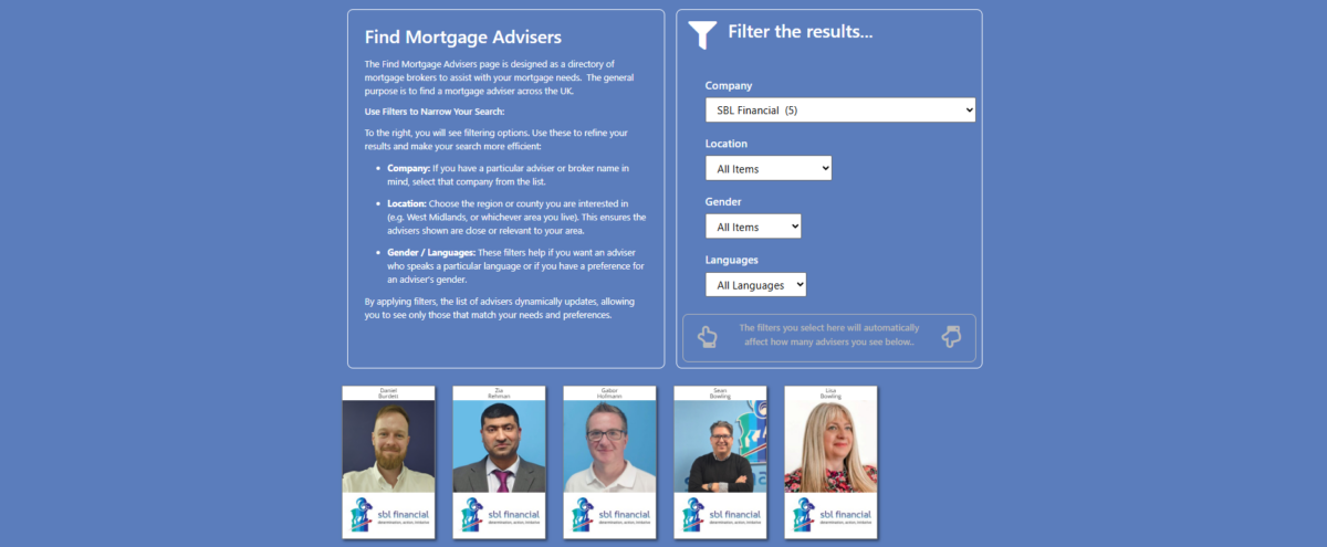 Find Mortgage Advisers page showing the SBL Financial company filter selected, with filter options for location, gender and language, and five SBL Financial adviser profile cards displayed below. SBL Financial Experts