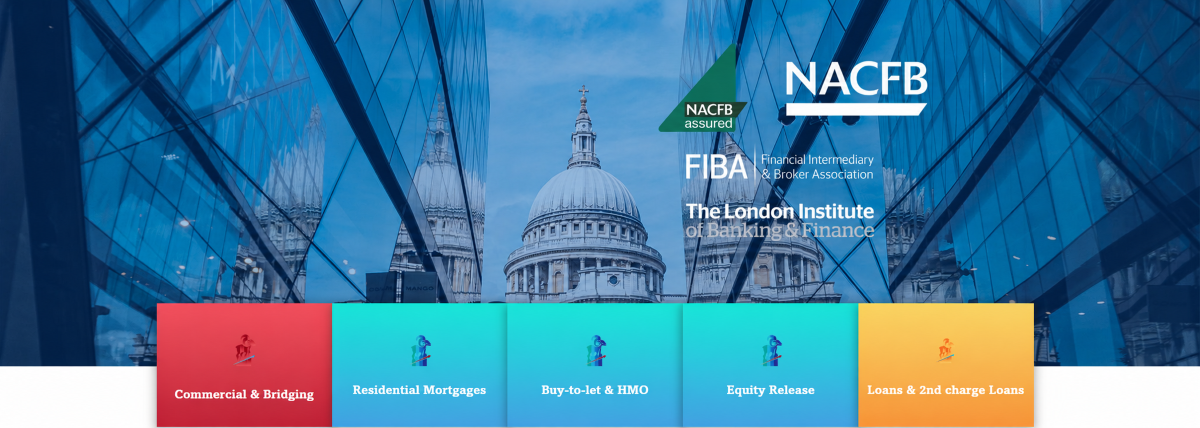 SBL Financial website banner showing a blue-toned London financial district background with NACFB, FIBA and London Institute of Banking & Finance logos, above service cards for Commercial & Bridging, Residential Mortgages, Buy-to-let & HMO, Equity Release and Loans & 2nd charge Loans.