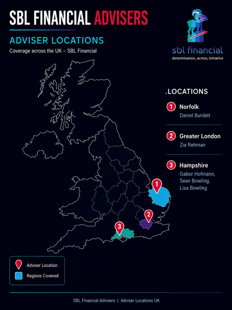 SBL Financial adviser locations infographic showing a UK map with highlighted regions for Norfolk, Greater London and Hampshire, numbered adviser pins, the SBL Financial logo, and a locations list naming Daniel Burdett, Zia Rehman, Gabor Hofmann, Sean Bowling and Lisa Bowling.