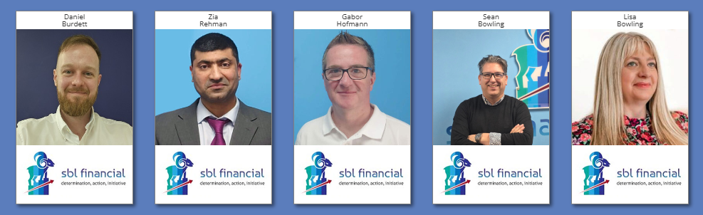 SBL Financial adviser profile cards showing Daniel Burdett, Zia Rehman, Gabor Hofmann, Sean Bowling and Lisa Bowling, each with a headshot and the SBL Financial logo.