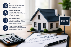 Second Charge Brokers image showing a house model, mortgage documents, calculator, and key benefits of secured borrowing without remortgaging