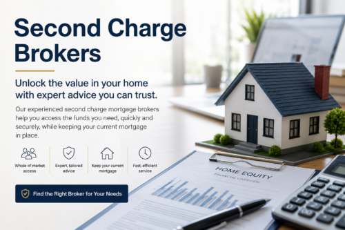 Second Charge Brokers hero image showing a house model, home equity documents, calculator, and mortgage advice theme for secured loan support