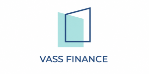 Vass Finance logo featuring a teal geometric shape with a navy outlined square above the company name.