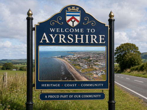 Why Move to Ayrshire road sign featuring county-style blue colouring, a crest, and an aerial coastal view of the shoreline, town, and seafront.