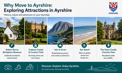 “Why Move to Ayrshire attractions guide showcasing some of Ayrshire’s most popular destinations, including the Robert Burns Birthplace Museum, Culzean Castle and Country Park, the Isle of Arran, Ayr Beach, and The Dean Castle Country Park. The image highlights Ayrshire’s rich history, cultural heritage, scenic coastline, outdoor adventures, and family-friendly attractions, demonstrating why Move to Ayrshire offers an exceptional lifestyle with easy access to nature, landmarks, and year-round leisure opportunities.”