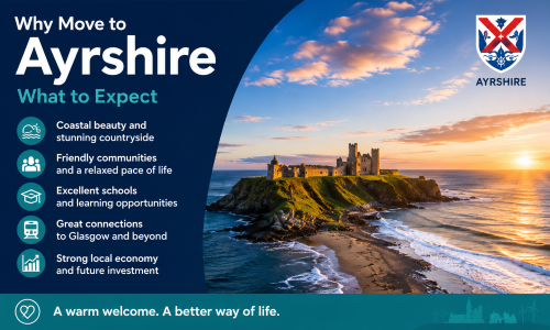“Why Move to Ayrshire – What to Expect infographic featuring Ayrshire’s dramatic coastline, historic castle ruins overlooking the sea, and key benefits of living in the region, including beautiful countryside, friendly communities, excellent schools, strong transport links to Glasgow, and a growing local economy. The design uses Ayrshire-inspired colours and branding to showcase why Ayrshire is an attractive place to live, work, and build a future.”