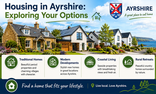 “Why Move to Ayrshire housing guide showcasing the diverse housing options available across Ayrshire, including traditional homes, modern developments, coastal properties, and rural retreats. The image features attractive residential neighbourhoods with views of the Ayrshire coastline and highlights the variety of lifestyles available for homebuyers and families looking to settle in the region. Why Move to Ayrshire explores the area's housing choices, scenic surroundings, and strong sense of community.”