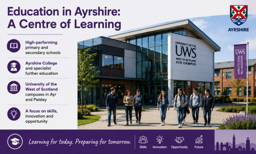 “Why Move to Ayrshire education guide highlighting Ayrshire as a centre of learning, featuring modern educational facilities, students on campus, high-performing primary and secondary schools, Ayrshire College, and the University of the West of Scotland. The image showcases the region’s commitment to education, skills development, innovation, and career opportunities, demonstrating why Move to Ayrshire is an attractive choice for families, students, and professionals seeking strong educational pathways.”