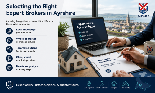 “Why Move to Ayrshire broker guide highlighting the importance of selecting the right expert brokers in Ayrshire, featuring professional mortgage advice, local market knowledge, whole-of-market mortgage access, tailored financial solutions, and ongoing client support. The image shows a property consultation in a modern office overlooking an Ayrshire coastal town, demonstrating why Move to Ayrshire can be made easier with experienced local brokers helping buyers navigate the home-buying journey with confidence.”