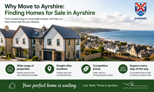 “Why Move to Ayrshire property guide showcasing homes for sale across Ayrshire, featuring modern family homes overlooking the Ayrshire coastline and highlighting a wide range of properties, sought-after locations, competitive house prices, and expert support for buyers. The image reflects the region’s blend of coastal living, attractive communities, and lifestyle opportunities, demonstrating why Move to Ayrshire is an excellent choice for homebuyers seeking quality housing, scenic surroundings, and a welcoming place to live.”