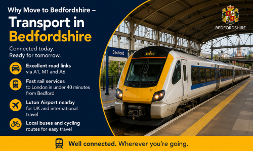 “Why Move to Bedfordshire – Transport in Bedfordshire” infographic highlighting the county’s excellent transport infrastructure and connectivity. The image features a modern train at Bedford railway station and showcases fast rail services to London, major road links including the A1, M1 and A6, convenient access to London Luton Airport, and local bus and cycling networks. It demonstrates why Bedfordshire is an attractive location for commuters, businesses, and residents seeking easy travel across the UK and beyond.”