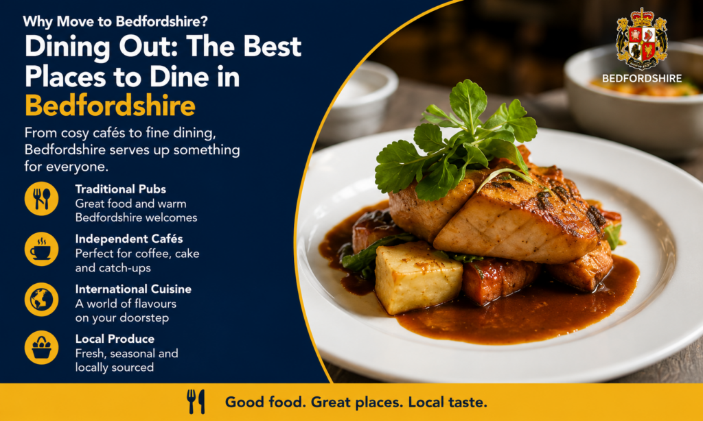 “Why Move to Bedfordshire – Dining Out: The Best Places to Dine in Bedfordshire” infographic showcasing Bedfordshire’s diverse food and drink scene. The image features a gourmet restaurant dish and highlights traditional pubs, independent cafés, international cuisine, and locally sourced produce. It demonstrates why Bedfordshire is an attractive place to live, offering residents and visitors a wide range of dining experiences, from casual coffee shops to fine dining restaurants, all supported by the county’s thriving local food culture.”