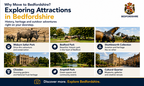 “Why Move to Bedfordshire – Exploring Attractions in Bedfordshire” infographic showcasing Bedfordshire’s history, heritage, green spaces, and family-friendly days out. The image highlights Woburn Safari Park, Bedford Park, the Shuttleworth Collection, Cliveden, Ampthill Park, and the Cultural Quarter, showing why Bedfordshire is an appealing place to live, explore, and enjoy local attractions.”