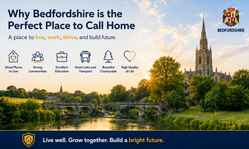 “Why Move to Bedfordshire – Why Bedfordshire is the Perfect Place to Call Home” infographic showcasing the county’s outstanding quality of life. The image features a scenic Bedfordshire riverside landscape with a historic church, bridge, and green spaces, highlighting strong communities, excellent education, convenient transport links, beautiful countryside, and a thriving local economy. It demonstrates why Bedfordshire is an attractive place to live, work, and raise a family, offering a balance of opportunity, connectivity, and natural beauty.”