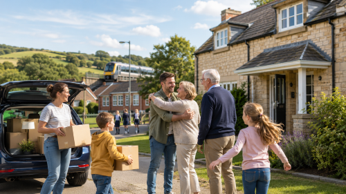 Family moving boxes into a new UK home while relatives welcome them, with nearby schools, countryside and transport links representing reasons for moving within the UK.
