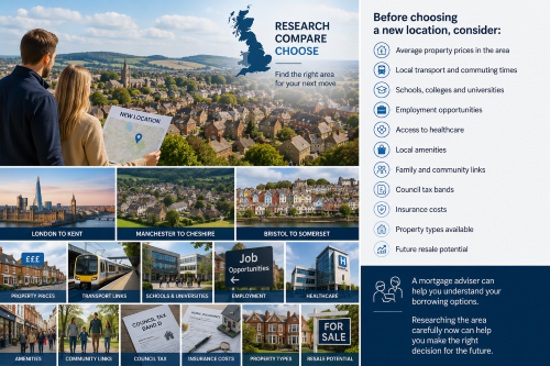Couple comparing UK locations on a map, with property prices, transport links, schools, employment, healthcare and local amenities shown as key factors before moving.