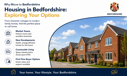 “Why Move to Bedfordshire – Housing in Bedfordshire: Exploring Your Options” infographic showcasing a range of housing choices across Bedfordshire, including modern family homes, market town properties, countryside living, and first-time buyer opportunities. The image features a contemporary residential development, Bedfordshire branding, and highlights the county’s mix of affordability, community living, and lifestyle options for homebuyers.”