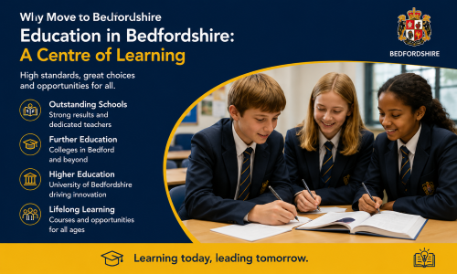 “Why Move to Bedfordshire – Education in Bedfordshire: A Centre of Learning” infographic highlighting the county’s strong educational opportunities, including outstanding schools, further education colleges, higher education at the University of Bedfordshire, and lifelong learning programmes. The image features students collaborating in a classroom and showcases Bedfordshire as a place where learners of all ages can achieve their potential through high-quality education and training.”