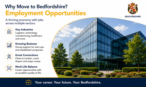 “Why Move to Bedfordshire – Employment Opportunities” infographic highlighting Bedfordshire’s strong economy and diverse career prospects. The image features a modern office building and showcases key employment sectors including logistics, technology, manufacturing, and healthcare, alongside business growth opportunities, excellent transport connections through Luton Airport and major road networks, and a strong work-life balance that makes Bedfordshire an attractive place to build a career.”