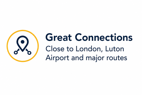 “Why Move to Bedfordshire – Great Connections” infographic highlighting Bedfordshire’s excellent transport and connectivity links. The image features a location and transport icon alongside information about Bedfordshire’s proximity to London, London Luton Airport, and major road networks, demonstrating why the county is an attractive location for commuters, businesses, and residents seeking easy access to regional, national, and international destinations.”