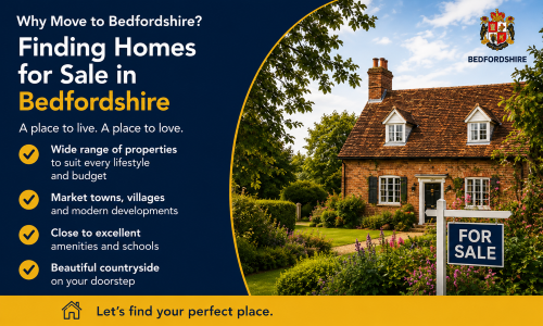 “Why Move to Bedfordshire – Finding Homes for Sale in Bedfordshire” infographic showcasing the wide range of property opportunities available across Bedfordshire. The image features a traditional Bedfordshire home with a ‘For Sale’ sign and highlights access to market towns, villages, modern developments, excellent local amenities, quality schools, and beautiful countryside, making Bedfordshire an attractive destination for homebuyers seeking both lifestyle and value.”