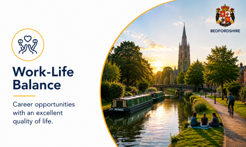 “Why Move to Bedfordshire – Work-Life Balance” infographic highlighting the excellent quality of life available in Bedfordshire. The image features a peaceful canal-side setting with people relaxing outdoors, cycling, and enjoying green spaces near a historic church, illustrating how Bedfordshire combines career opportunities with leisure, wellbeing, outdoor recreation, and a balanced lifestyle. It showcases why Bedfordshire is an attractive place to live and work, offering strong employment prospects alongside access to nature, community life, and personal wellbeing.”