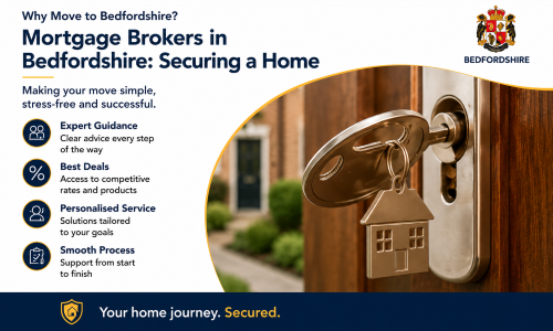 “Why Move to Bedfordshire – Mortgage Brokers in Bedfordshire: Securing a Home” infographic highlighting the benefits of using expert mortgage brokers when buying a property in Bedfordshire. The image features a house key in a front door lock and showcases expert guidance, access to competitive mortgage deals, personalised advice, and support throughout the mortgage process, helping homebuyers secure the right financing solution for their new home in Bedfordshire.”