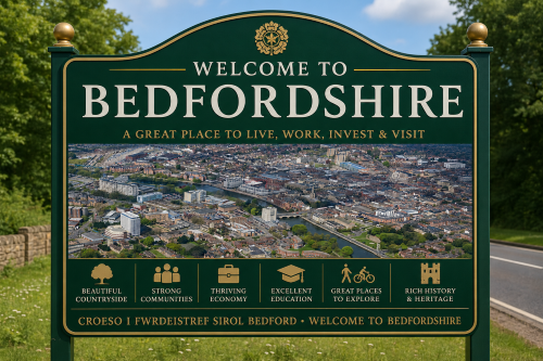 “Why Move to Bedfordshire” welcome sign featuring a large roadside display showcasing an aerial view of Bedfordshire’s towns, riverside landscapes, business districts, green spaces, and residential communities. The sign highlights Bedfordshire’s strong transport connections, thriving economy, historic market towns, scenic countryside, excellent amenities, and quality of life, with welcoming county branding designed to introduce visitors and prospective residents to the area.