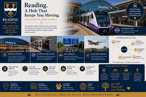 Why Move to Berkshire transport guide showcasing Berkshire’s excellent rail links, Elizabeth Line services, motorway connections, Reading Station, and easy access to Heathrow Airport.