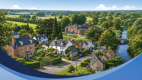 Branded illustration of living in Buckinghamshire, showing realistic detached homes, period cottages, riverside properties, mature trees, green parkland, and rolling countryside. Why Move to Buckinghamshire