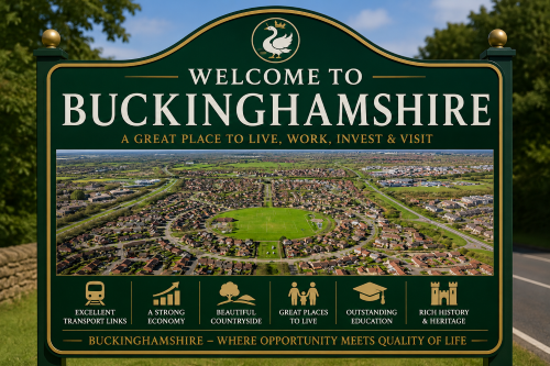 “Why Move to Buckinghamshire” welcome sign featuring a large roadside display showcasing an aerial view of a Buckinghamshire community surrounded by green countryside and modern residential developments. The sign highlights Buckinghamshire’s excellent transport links, strong local economy, beautiful rural landscapes, outstanding schools, rich heritage, and high quality of life, presenting the county as an attractive place to live, work, invest, and raise a family.
