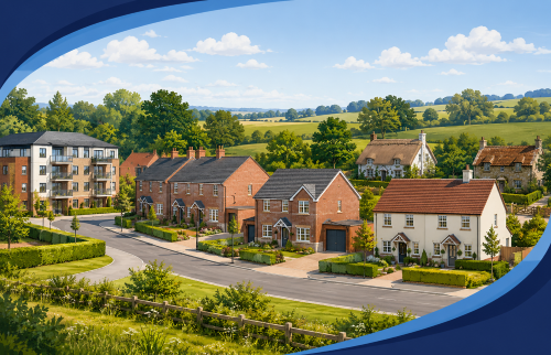 Branded illustration of Buckinghamshire housing showing apartments, terraced houses, family homes, countryside cottages, green fields, and rural landscape. Why Move to Buckinghamshire